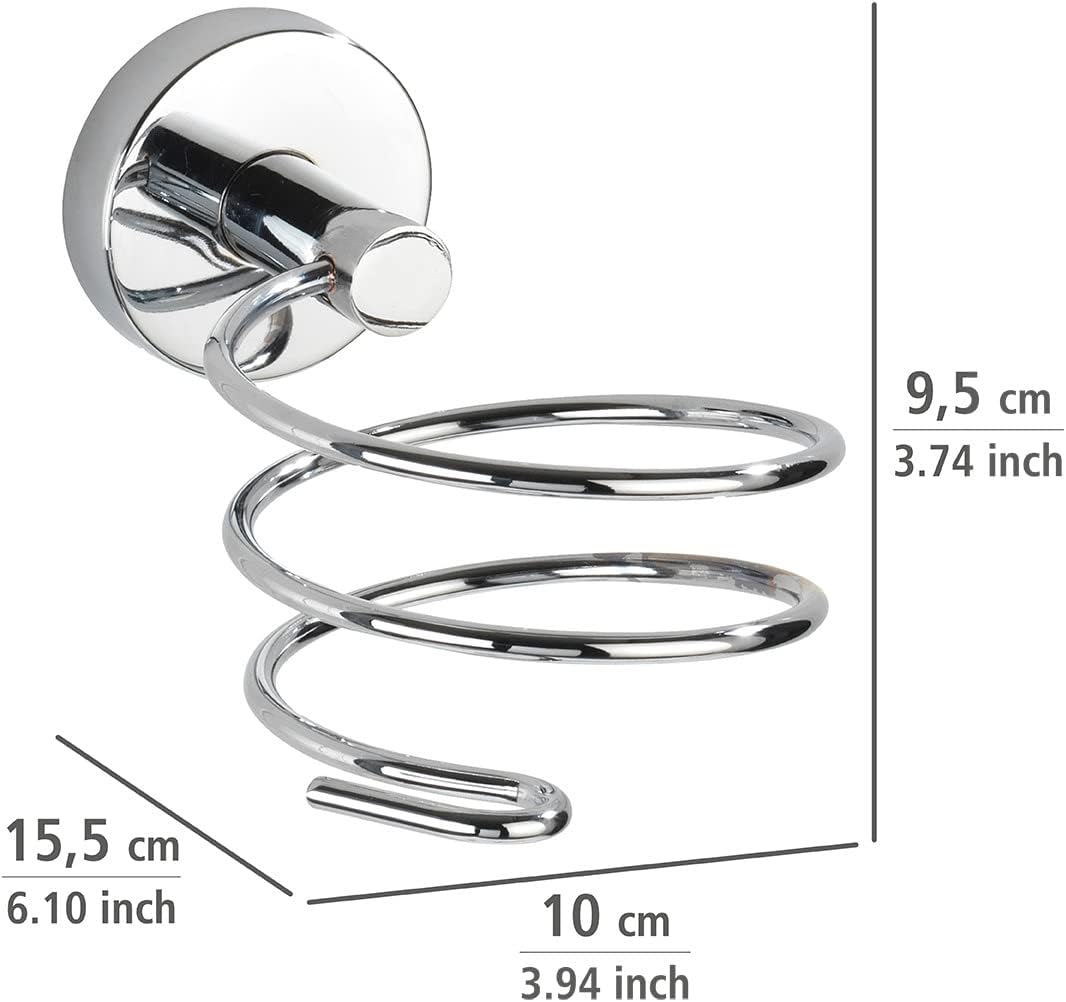 Diagram showing dimensions of the WENKO hair dryer holder: 15.5 cm length, 10 cm width, 9.5 cm height