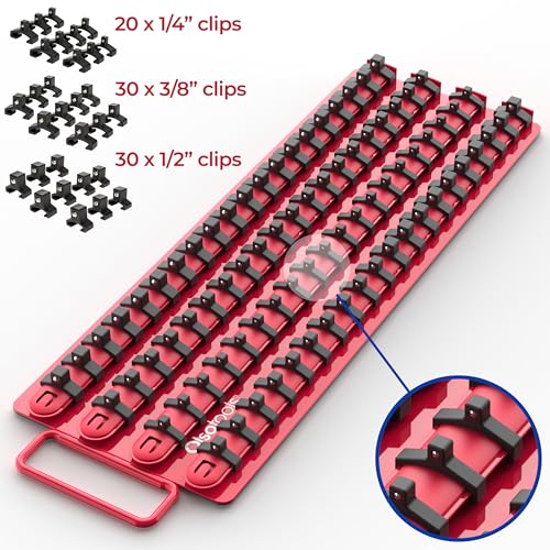 Olsa Tools Socket Organizer Tray - Portable Red Rail with Black Clips - Stores 80 Sockets Securely - Professional-Grade Socket Holder - Part 1047 - Thumbnail 3