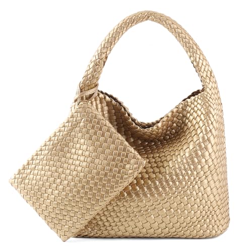 Image of Woven Bag for Women Vegan Leather Tote Bag Large Summer Beach Travel Handbag and Purse Retro Handwoven Shoulder Bag