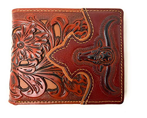 Western Men's Leather Longhorn Floral Tooled Laser Cut Lone Star Short Wallet in 8 colors (Brown/Tan) Brown/Tan