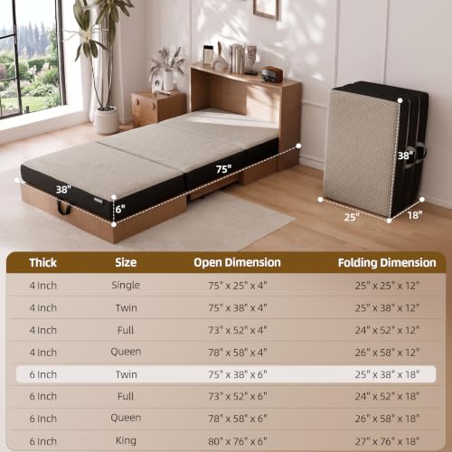 Image of ROXGOX Memory Foam Trifold Mattress, Foldable Mattress Twin 6 Inch, Portable Floor Bed with Washable Cover, Handle & Non-Slip Bottom, for RV, Travel, Camping, Yoga, 75 inchx38 inchx6 inch, Grey