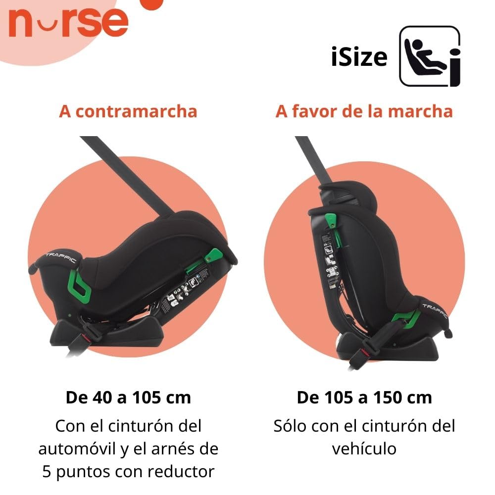 Nurse Traffic Silla de Coche i-Size 40-150 cm, 0-12 Años, Sin Isofix, Contramarcha, Reclinable, con Reductor, Instalación con Cinturón, Negro