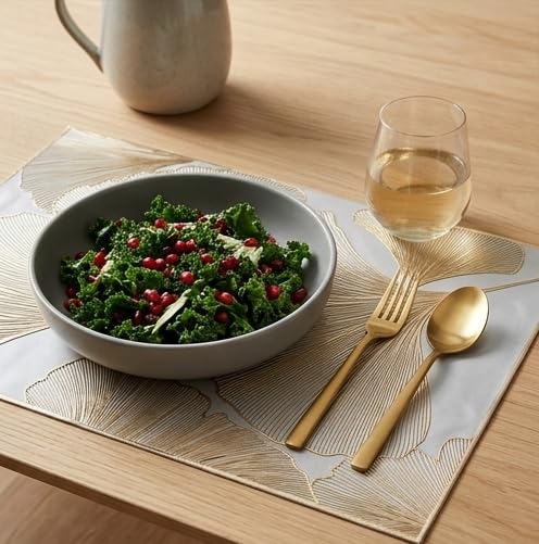 Image of HomeCloud Rectangular Waterproof Dining Table Placemats | Strong & Easy-Clean Table Mat for Dining, Center & Bedside Table | Protects from Spills, Heat & Scratches (Botanical Gold, Set of 2)
