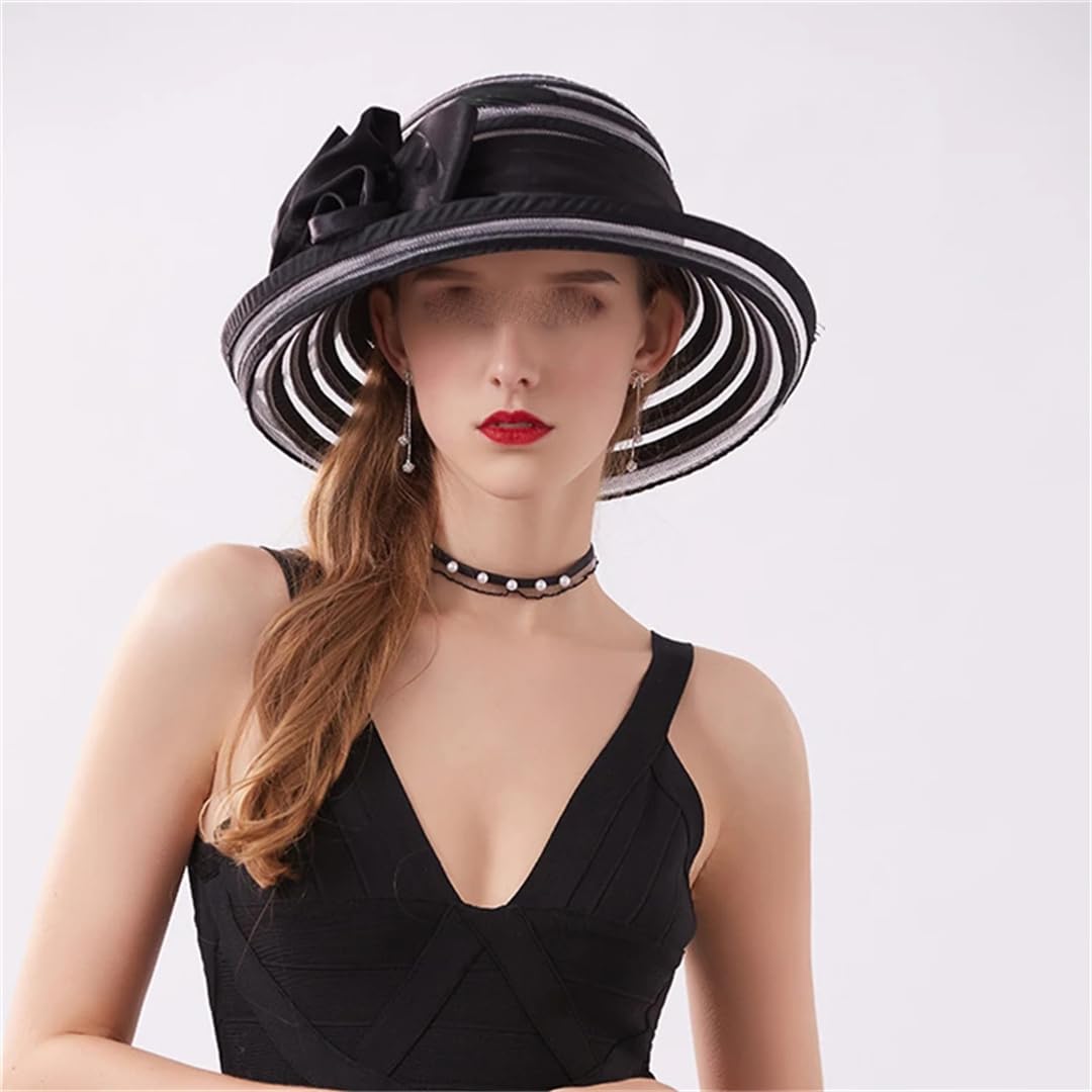 Yeuyyben Accessori da donna estivi in organza a tesa larga cappelli da sole da donna per matrimonio chiesa festa elegante fiocco Fedora cappello