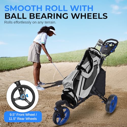 Image of SereneLife Golf Push Pull Cart - Lightweight, Foldable, Bag Holder with Adjustable Handle, Caddy Accessories, Compact Folding Golf Trolley for Travel