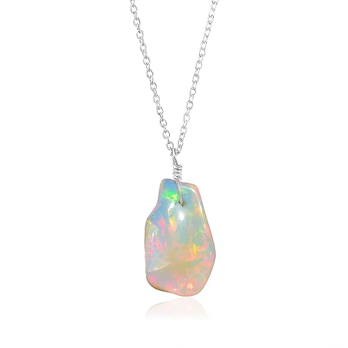 Natural Raw Ethiopian Opal Stone Rough Crystal Gemstone Dainty Women Pendant Necklace, Chakra Healing Crystals, Birthstone, Gift, Rhodium Plated 925