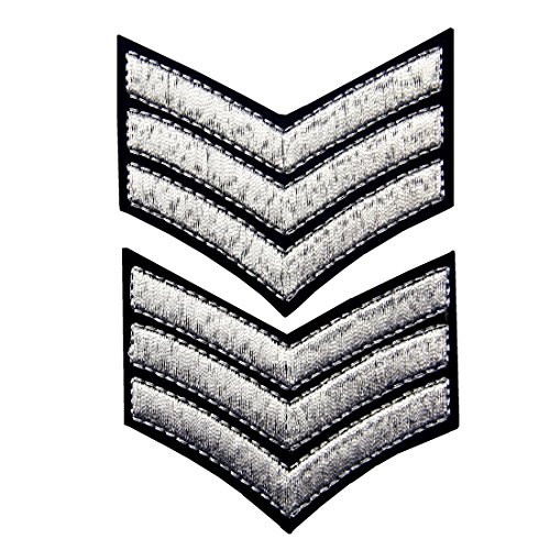 Millitary Uniform Chevrons Sergeant Stripes Army Embroidered Arms Emblem Iron On Sew On Shoulder Patch, Silver, 2 Pcs