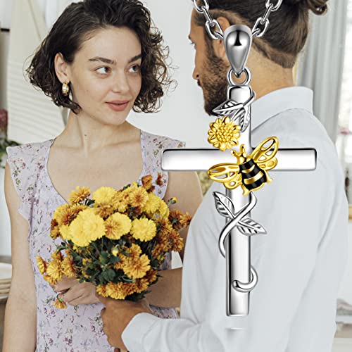 Cross Necklace 925 Sterling Silver Sunflower Pendant Bee Necklace You are my Sunshine Jewelry Gifts for Women2