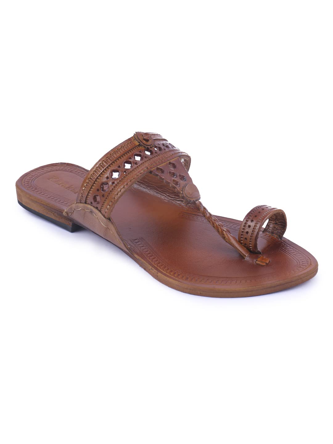 KORAKARIWomens Diamond Feet Kolhapuri Chappal Tan Genuine Leather Handcrafted Sandal Smooth and Comfortable Flip Flops Slipper Anti Slip Design Traditional Footwear (UK-8)