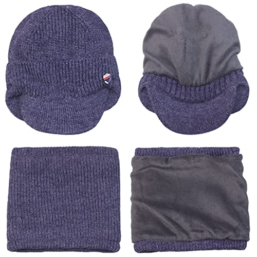 Muryobao Mens Winter Visor Beanie Hat Scarf Set Warm Knit Earflaps Hat Thick Fleece Lined Winter Cap With Neck Warmer For Outdoor Sports Denim Blue #TOP3