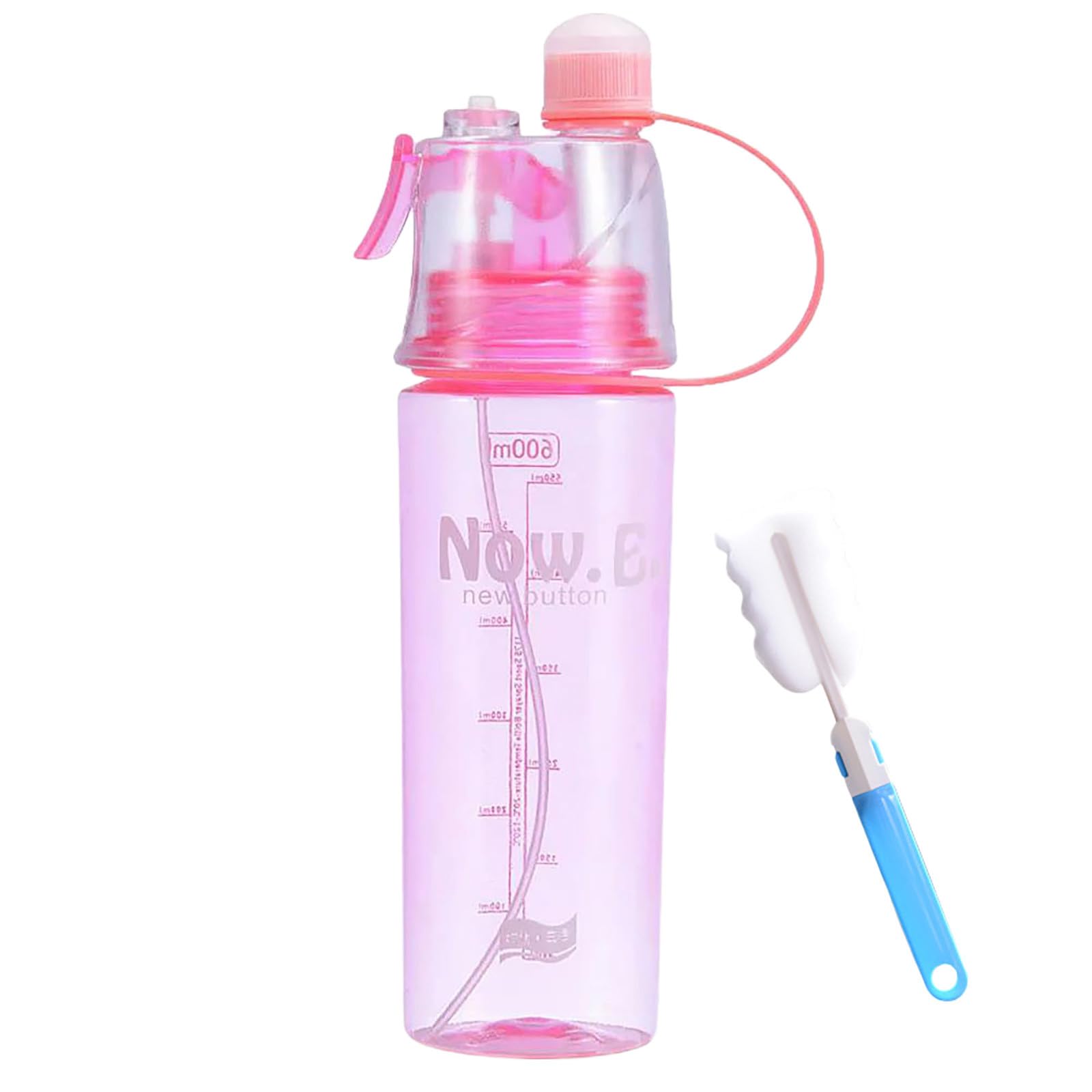 600ml Sports Portable Spray Water Bottle Click Mist Water Cup Leakproof Bottle with Straw & Cup Brush,Plastic Drinking Bottles Friendly Materials for Teenager,Adult,Outdoor,Cycling