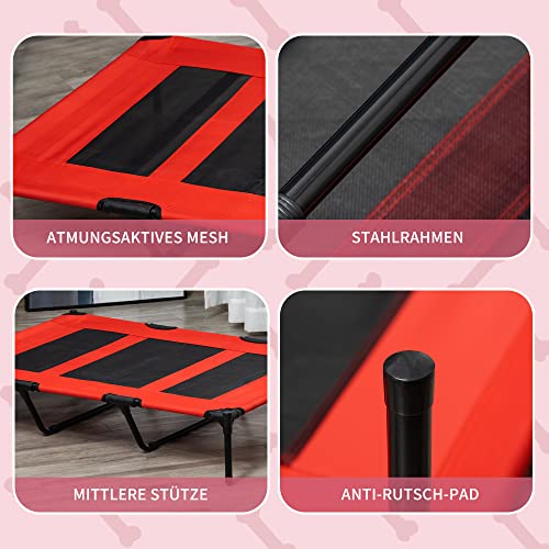PawHut Hundeliege Outdoor, Erhöhtes Hundebett für Groß Hunde, Kühlende Haustierliege mit Waschbares Mesh robuster Metallrahmen, Haustierbett für Reisen Garten Outdoor, 122 x 92 x 23 cm, Rot