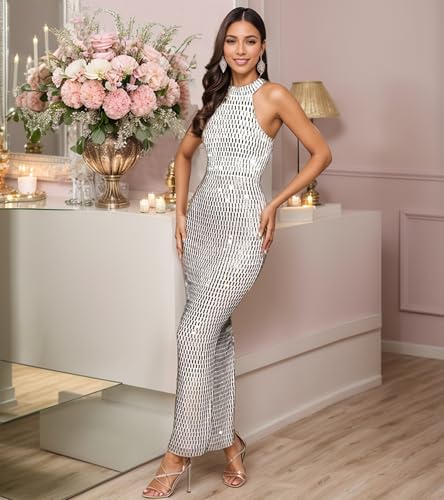 Image of Jigfar Women Sexy Elegant Rhinestone Halter Party Night Bodycon Formal Maxi Dress(FK3521,White,L)