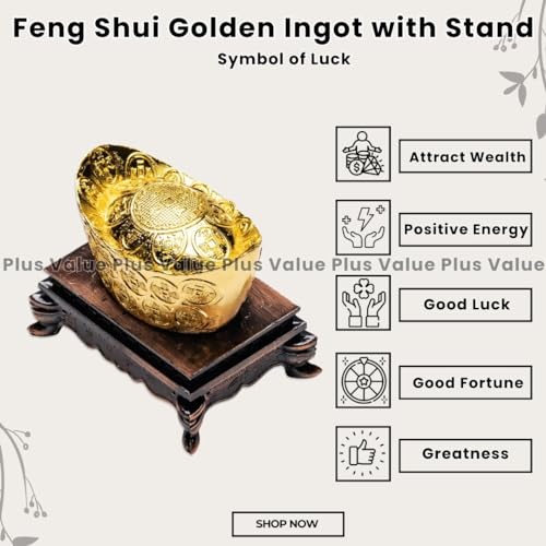 Image of Plus Value Feng Shui Ingot Chinese Golden Boat Wealth Symbol Statue Showpiece Home & Office Decor (5 x 3. 2 x 4. 5 Cm, Gold), Brass