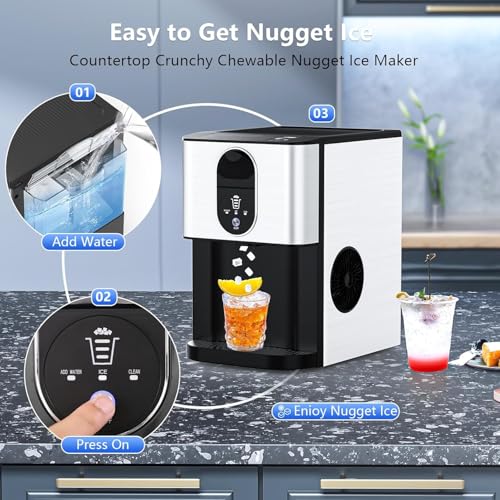 Image of Nugget Ice Makers Countertop, 44lbs /24H Crushed Ice Machine | Chewable Ice Maker Machine with Ice Dispenser, 2.4L Water Reservoir, Self-Cleaning, Ideal for Kitchen /Bar /Office, L-Silver