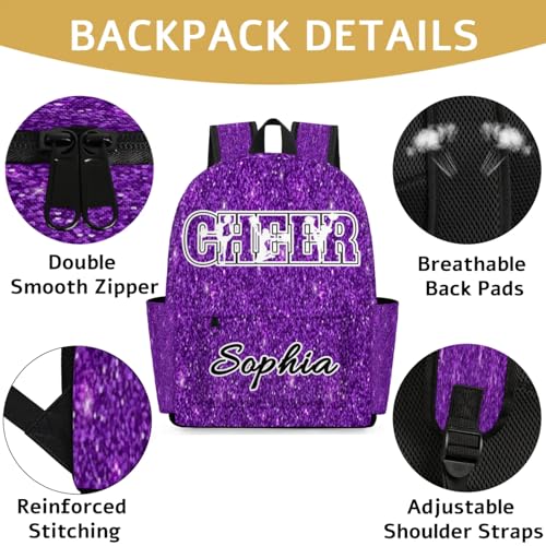 Personalized Cheer Backpack Bag for Women, Custom Large Capacity Shoulder Bags, Waterproof Cheerleaders Casual Daypack, Purple Glitter2