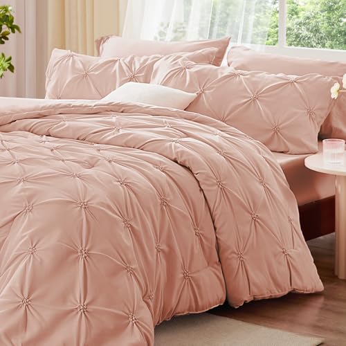 Image of BEDELITE Full Comforter Set Dusty Pink,Lightweight & Soft Comforter | Pintuck Boho Bedding, Warm & Cute Bed Set for All Season,With 2 Pillowcases