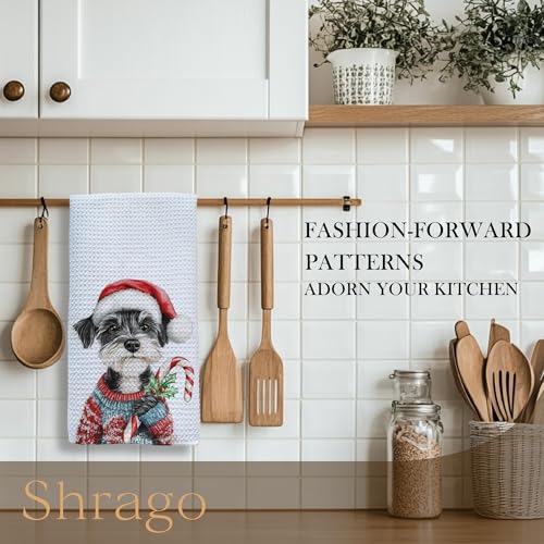Image of Christmas Schnauzer Kitchen Towels, Schnauzer Gifts for Women Men Dish Tea Towels, Funny Candy Cane Dog Decorative Hand Towel for Bathroom Decor, 16x24 Inch