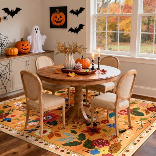 Floral 8x10 Area Rug Machine Washable Soft Print Boho Carpet Non Slip Doormat Low Pile Flower Area Rugs for Living Room Bedroom Nursery Kitchen Dining Room Indoor-Yellow/Orange