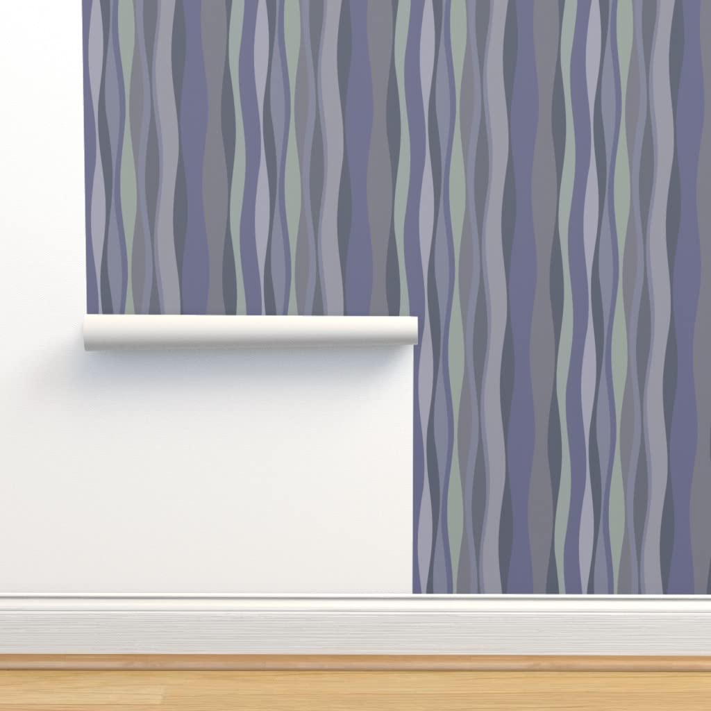 Spoonflower Peel & Stick Wallpaper 9ft x 2ft - Periwinkle Lavender Wave Midcentury Modern Mod Wav Purple Lilac Sage Blue Vertical Minimal Mid Line Custom Removable Wallpaper