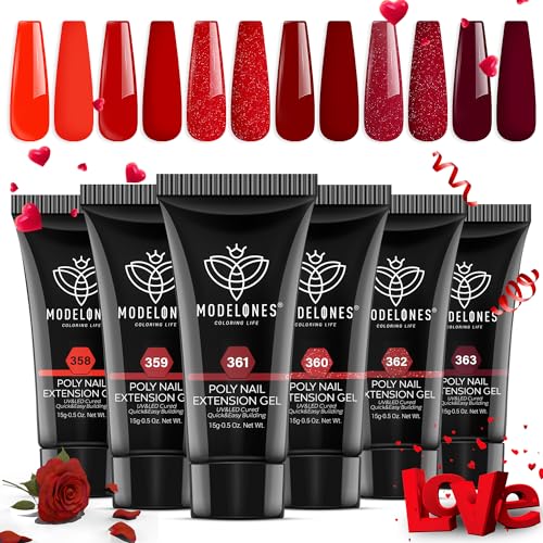 Image of modelones Poly Nail Gel Set 6 Colors Popular Red Collection Bright Wine