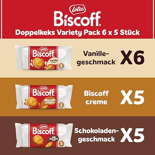 Lotus Biscoff | Doppelkeks Variety Pack | 3 Sorten: Biscoff-Creme, Vanille- und Schokoladengeschmack | 5 Doppelkekse pro Packung | Zutaten natürlichen Ursprungs | Ohne Farbstoffe | 16 x 50g | 800g