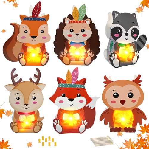 Laternen Bastelset Kinder Herbst, 6 Stück DIY St Martin Laterne den Kindern, Basteln Sankt Martin zum Hedgehog, Fox, Elk, Squirrel, Raccoon, Owl mit Laternenstab, 6 sztuki lampionów, Spielzeug Set