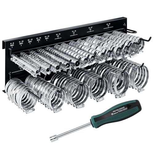 GRAFT Schlauchschellen Wandhalter Set | 227 Stück | Inklusive Halterung und Schraubendreher | Rohrschellen Set | Einstellbare Schlauchklemmen | Schlauchschelle Sortiment | Organizer Rack