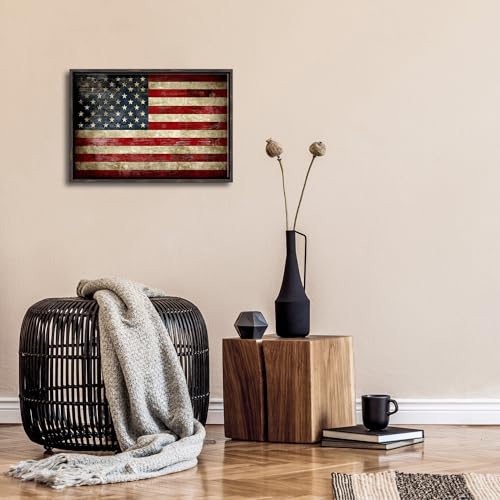Image of Pyradecor Walnut Framed Wall Art Old Vintage American Flag Canvas Prints Abstract Landscape Pictures Paintings for Living Room Office Home Decorations