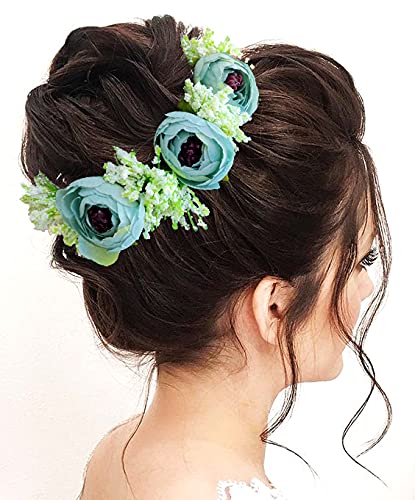 Hair Flare Women Attractive Artificial Rose with Lavender Flower Bridal Wedding Hair Accessories/Hair Pins/Juda Pins for Women and Girls- Rama Green,