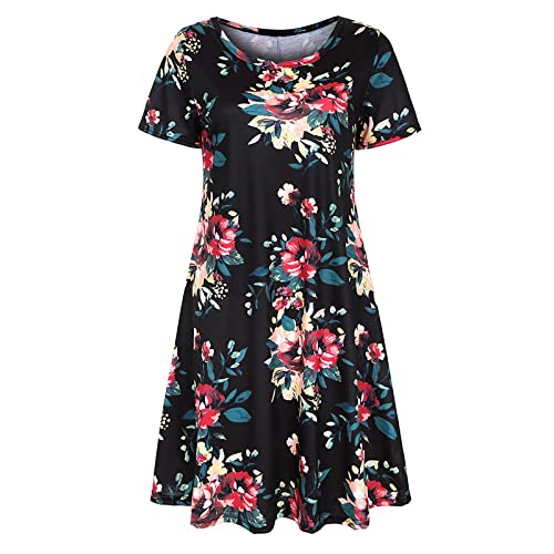 Robe noire femme été à col rond et manches courtes avec poches
