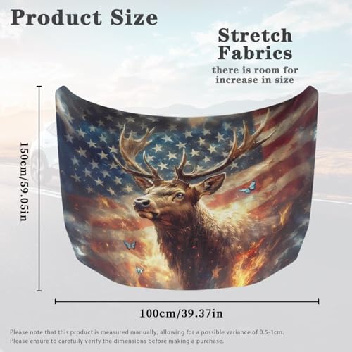 Image of 39x59 Inch American Flag Deer Design Cover for Car Hood, Elastic Polyester Waterproof Car Hood Cover Universal Car Exterior Accessories Easy Install for Car Hood Protection
