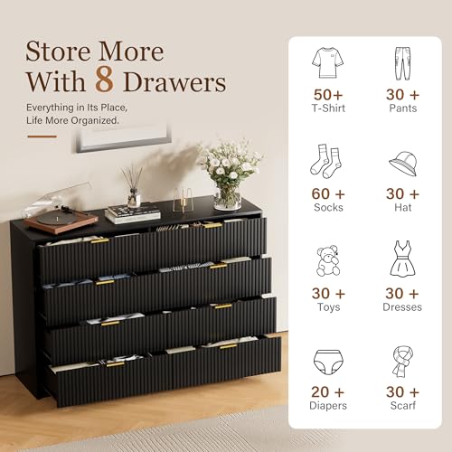 Image of Furniway Black Dresser for Bedroom, Modern Dresser with 8 Drawers and Smooth Slides, Wide Chest of Drawers with Golden Handles for Bedroom, Closet, 15.7 inch D x 55 inch W x 37.4 inch H