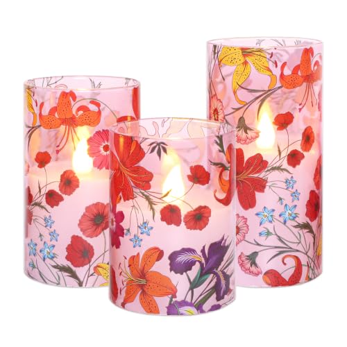 Image of Pink Glass Flameless Candles with Remote Boho Wildflower Flickering LED Pillar Candle Real Wax Battery Operated Candle Summer Decor for Home Party Valentine's Day Romantic Night, 3 Pack