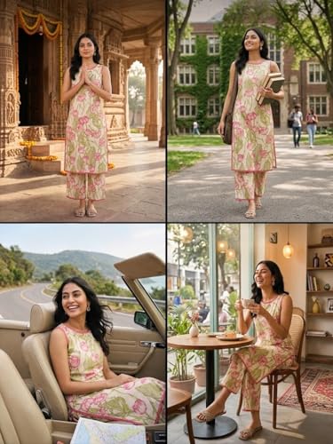 Image of Leriya Fashion Women's Summer Printed Kurta Pant Set | Sleeveless Lightweight Kurti with Palazzo Pants | Kurti Set for Woman | Casual, Office, Vacation & Everyday Outfit | Ethnic Kurta Sets for Woman