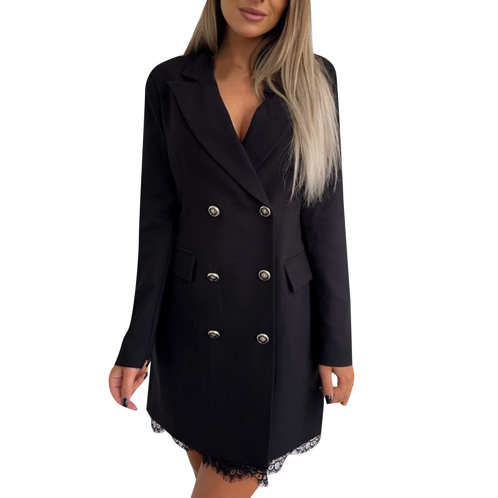 Damen Blazer Kleid Frauen Elegant Langarm V-Ausschnitt Zweireihig Solide Hemdkleid Business Lange Hülse Büro Jacken Knopf Anzug