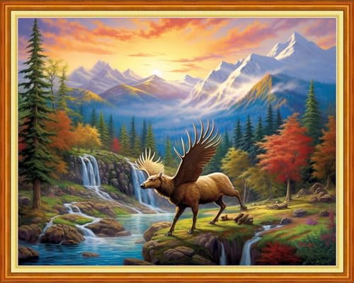 Image of DMCVIVR Stamped Cross Stitch Kits for Beginners Adults Needlepoint Kits for Beginners Embroidery Kits for Adults Crossstitch Kit for Beginners 11CT-Elk Scenery 16x20 inchs