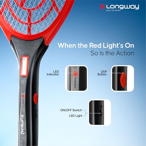Image of Longway Zappy Rechargeable Mosquito Killer Racket Built in COB Light | 3500V DC Voltage on The Net Mesh| Mosquito Bat | 1 Month Stand by 500mah Long Lasting Internal Battery (Black)
