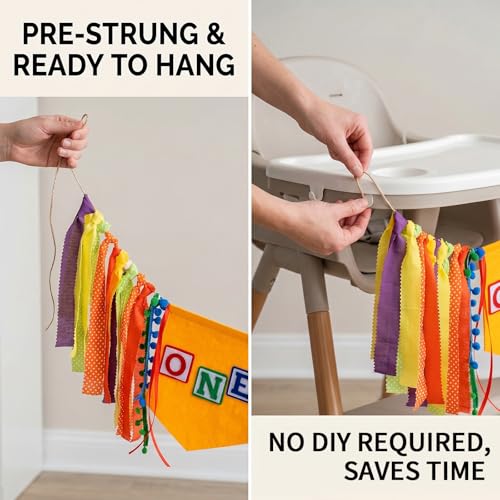 Image of 1st Birthday High Chair Banner, ONE Highchair Banner for Cake Smash, Colorful Circus First Birthday Decorations, Pre-Strung Fabric Tassel Cake Smash Garland Photo Prop