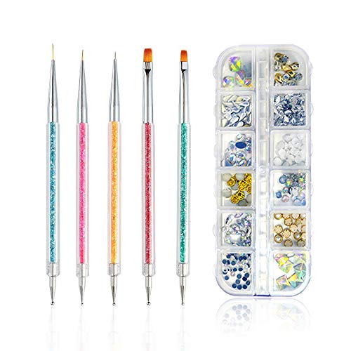 Nail Art Liner Brushes, 5 Pieces Double Ended Nail Art Brushes Nail Art Point Drill Drawing Brush Pen Acrylic Manicure Tool Nail Art Design Kits for Home DIY and Salon, with Nail Rhinestones Gems