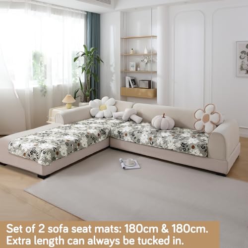 Image of HOKIPO 'Elira Series' Printed Water Repellent + Waterproof Quick Dry L Shape (3+3 Seater) Sofa Seat Cover Mat, Feather Brown Floral (AR-5249-C1*2)