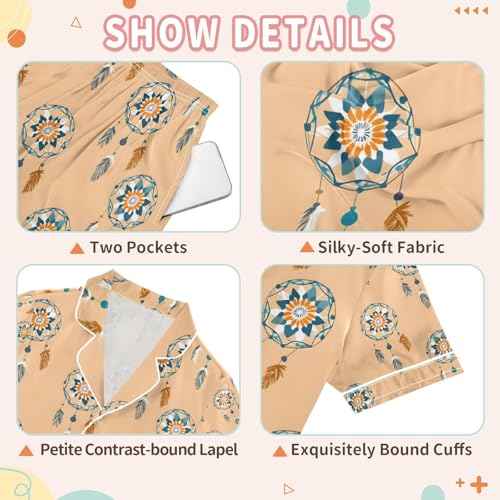 senya Ethnic Dreamcatcher Satin Summer Pajama Sets Silk Short Sleeve Button Down Sleepwear3