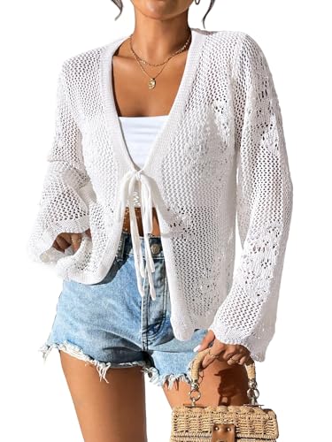 Image of Womens Tie Front Lightweight Crochet Cardigan Shrugs Knit Cardigan Crop Tops Cover Up