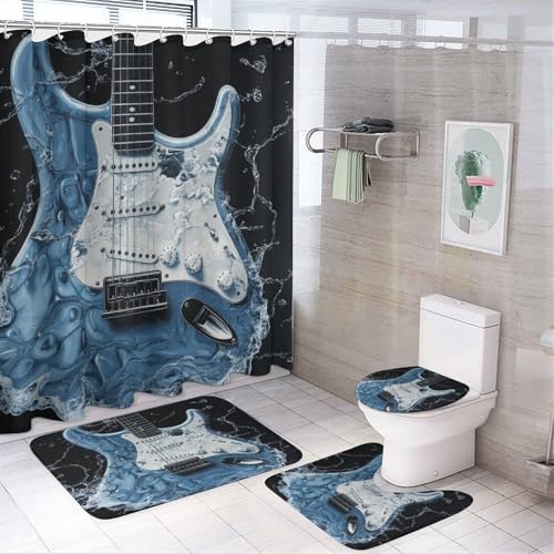 YFBBINS Watercolor Guitar Shower Curtain Set with 12 Hooks, 4-Piece