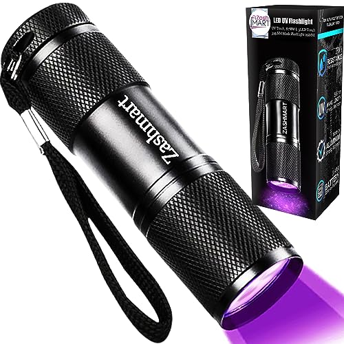 ZASHMART UV Torch, 87MM L 9LED Torch 395 NM Black Flashlight, Powerful UV Light Pets Urine Detector, 26MM Dia Ultraviolet Light, 3 x AAA Portable Battery, Cat Bed Dog Bed Pet Bed Dry Urine Detector.