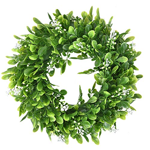 Sunm boutique Artificial Green Leaves Wreath, Boxwood Wreath Outdoor Green Wreath for Home
