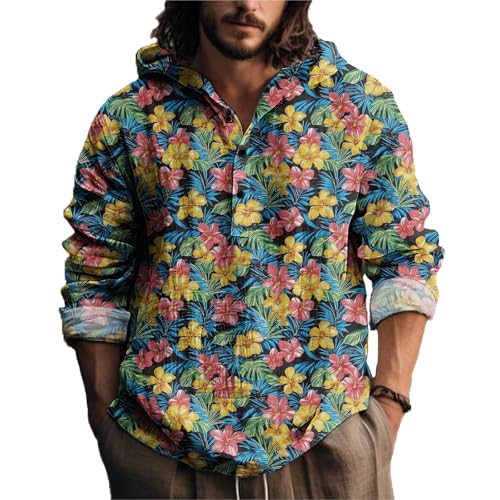 MARSVOVO Hawaiian Mens Hoodie 3 Button Long Sleeve Hooded Shirts Loose Casual Stylish Beach Henley Shirt for Spring Fall