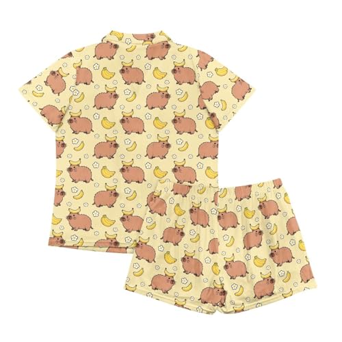Image of Women's Short Sleeve Sleepwear Button 2 Piece Plus Size Pajamas Casual Soft Stretchy Funny Nightwear with Pockets