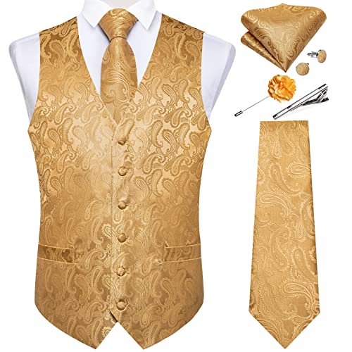 Image of DiBanGu Mens Vest and Tie Set Formal Paisley Waistcoat and Necktie Pocket Square Cufflinks Silk Suit Vest for Tuxedo Wedding