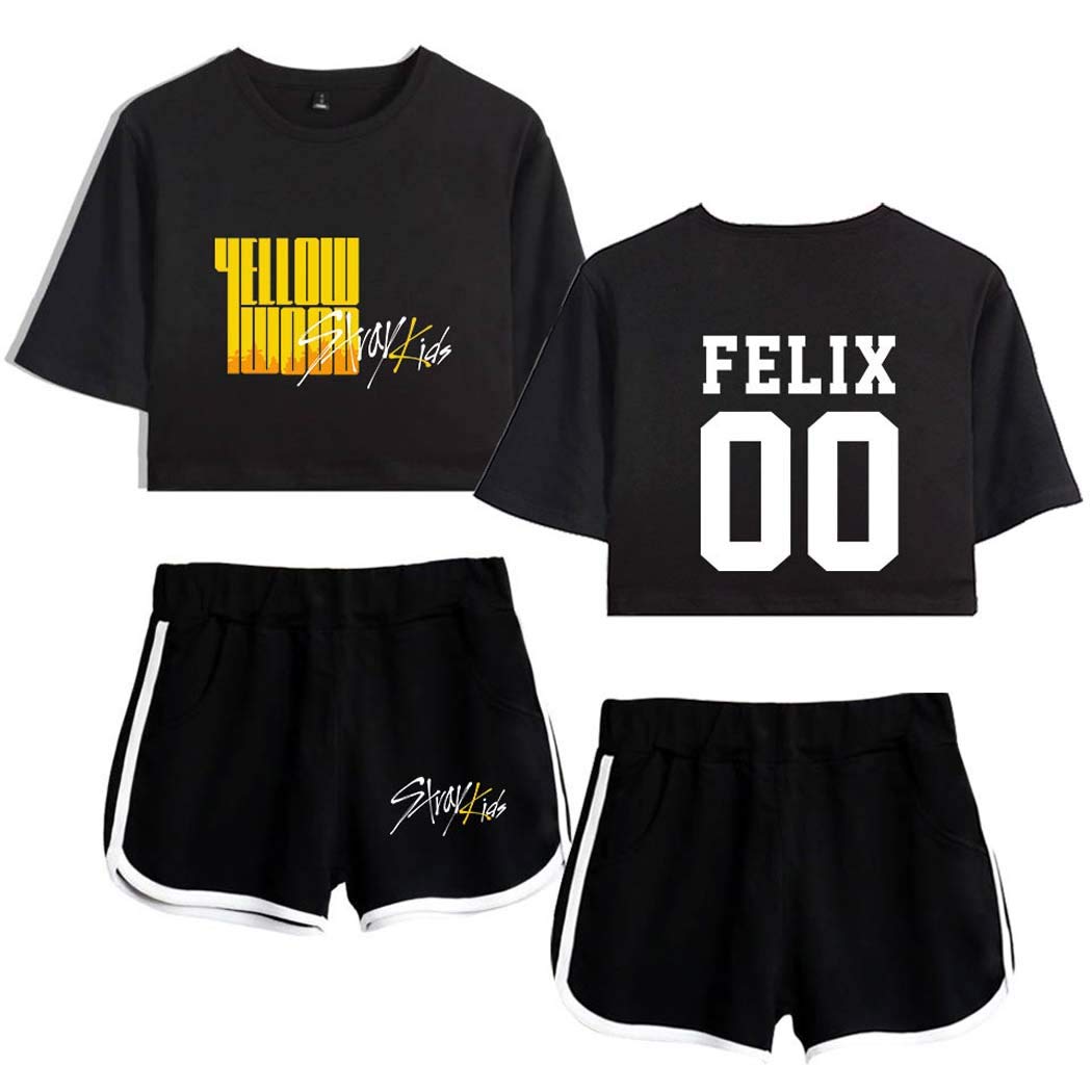 Unisexe Kpop Ensembles Shorts Yellow Wood Manches Courtes Crop Top & Short 2 Pièces Ensembles Fitness Tops Bang Chan Changbin Hyunjin Felix Seungmin Jeongin Jisung Minho Woojin